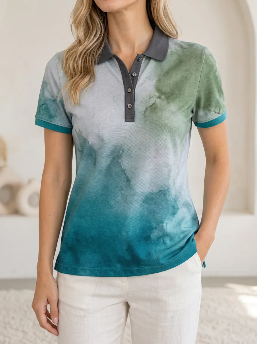 Women's Green Teal Watercolor Abstract Printed Polo Shirt