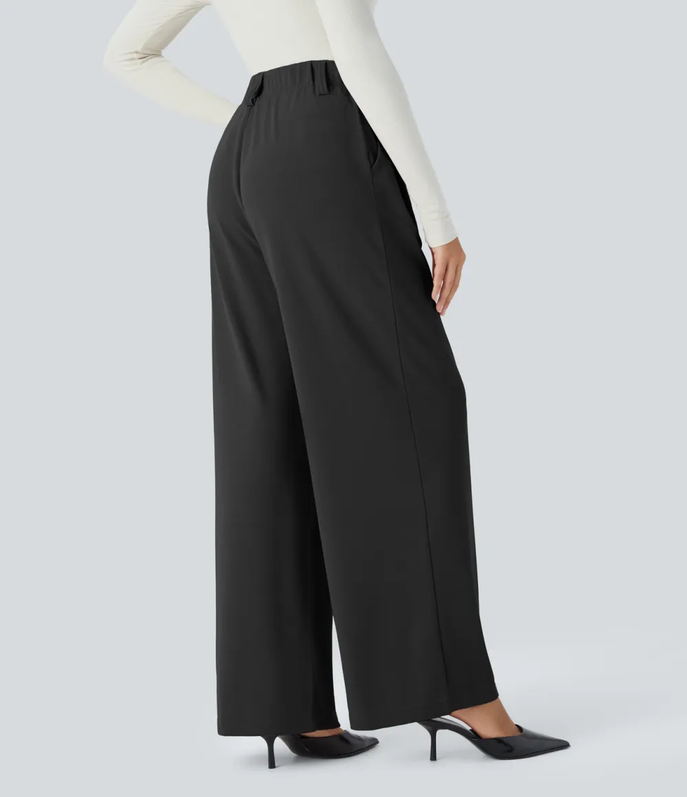  High Waisted Plicated Side Pocket Wide Leg Waffle Work Pants