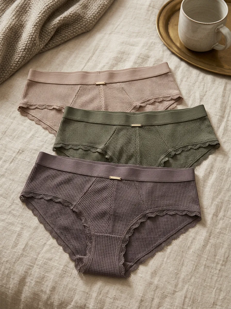 Women's Waffle-Knit Lace-Trim Briefs Set