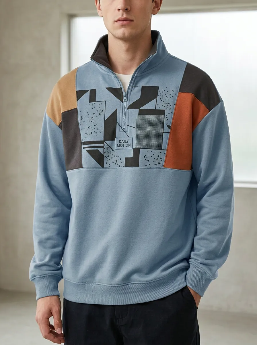 Half-Zip Geometric Patchwork Men's Half-Zip Sweatshirt