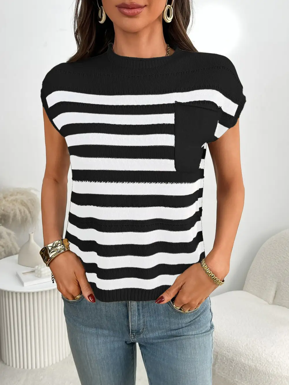 Striped Knit Pocket Detail Cap Sleeve Sweater
