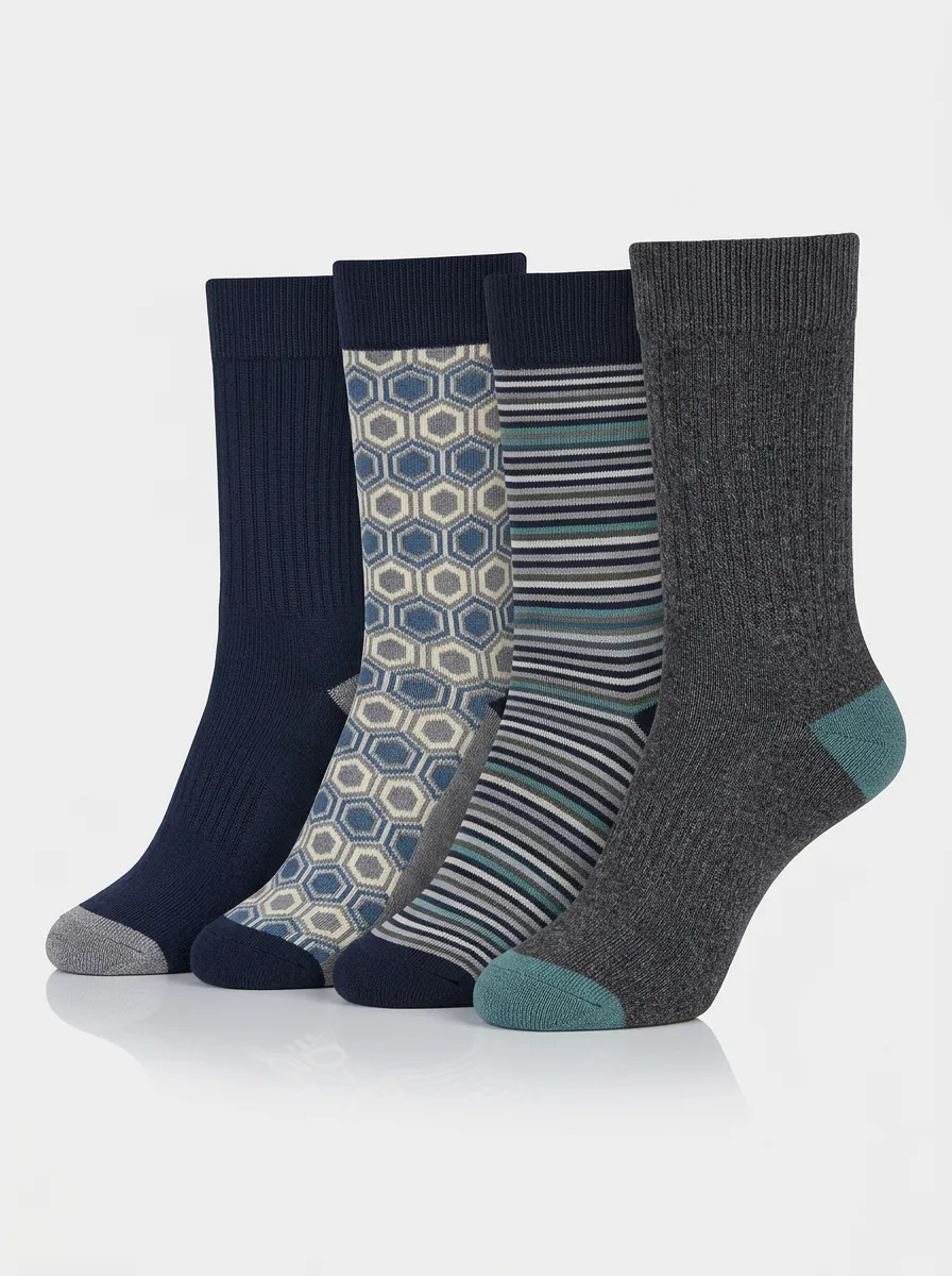 Men's Crew Socks Four-Pair Pack with Striped Geometric Heathered Texture Textured
