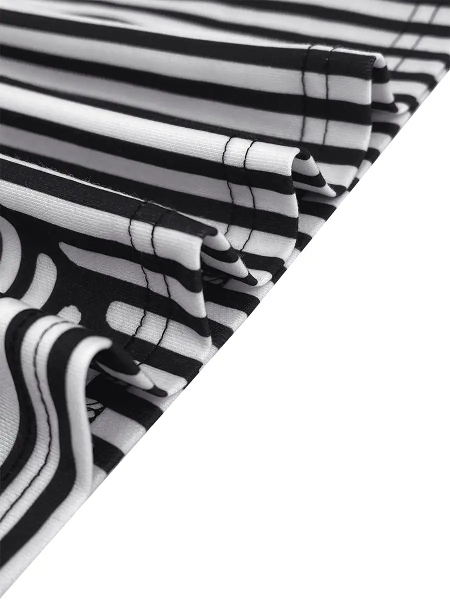 Relaxed Three Quarter Sleeves Figure Print Panel Detail Stripe Stand Collar T-Shirt