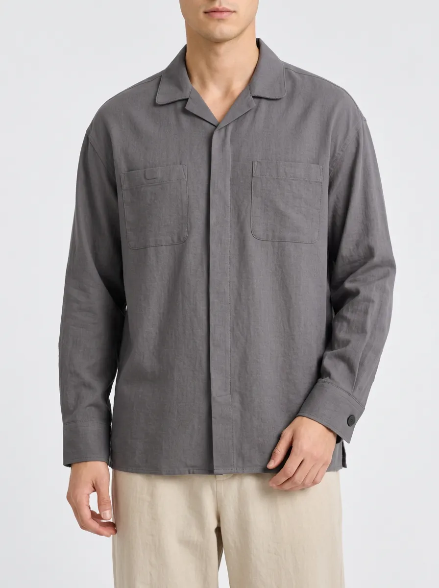 Unisex Classic Collar Shirt in Grey with Pocket