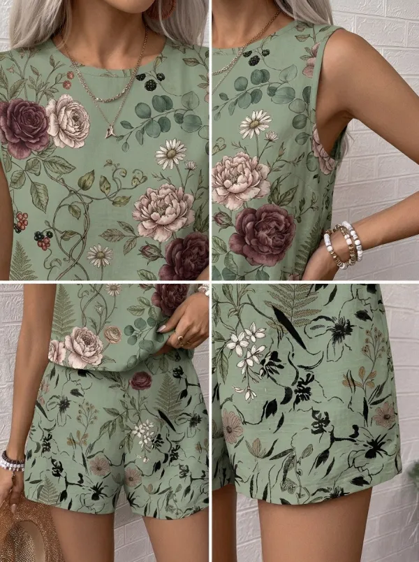 Women's Botanical Garden Floral Printed Sleeveless Shorts Set