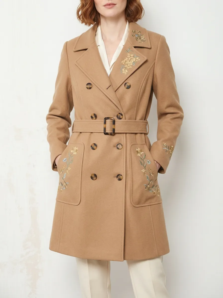 Women's Floral Embroidered Camel Double-Breasted Trench Coat
