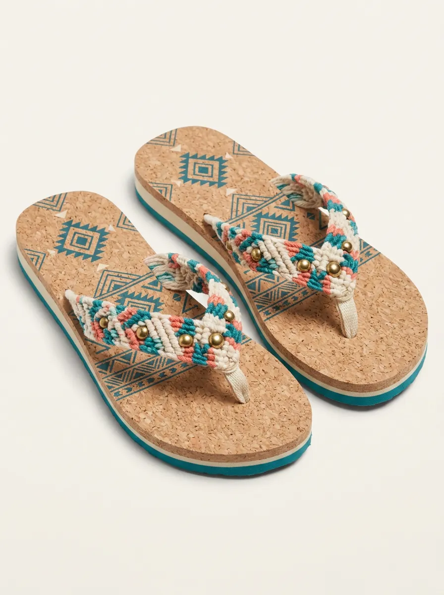 Women's Boho Beach Tribal Cork Printed Macrame Flip Flops