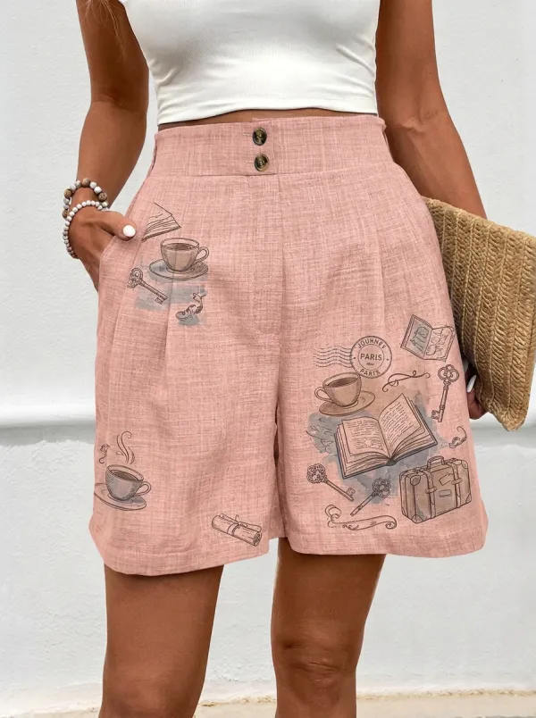 Women's Travel Paris Book Coffee Graphic Shorts
