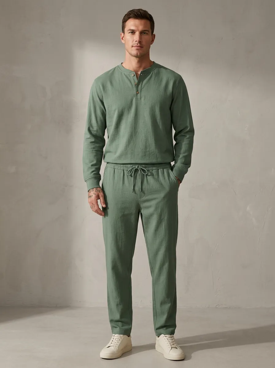 Modern Henley Detail Men's Long Sleeve Top and Pants Two Piece Set