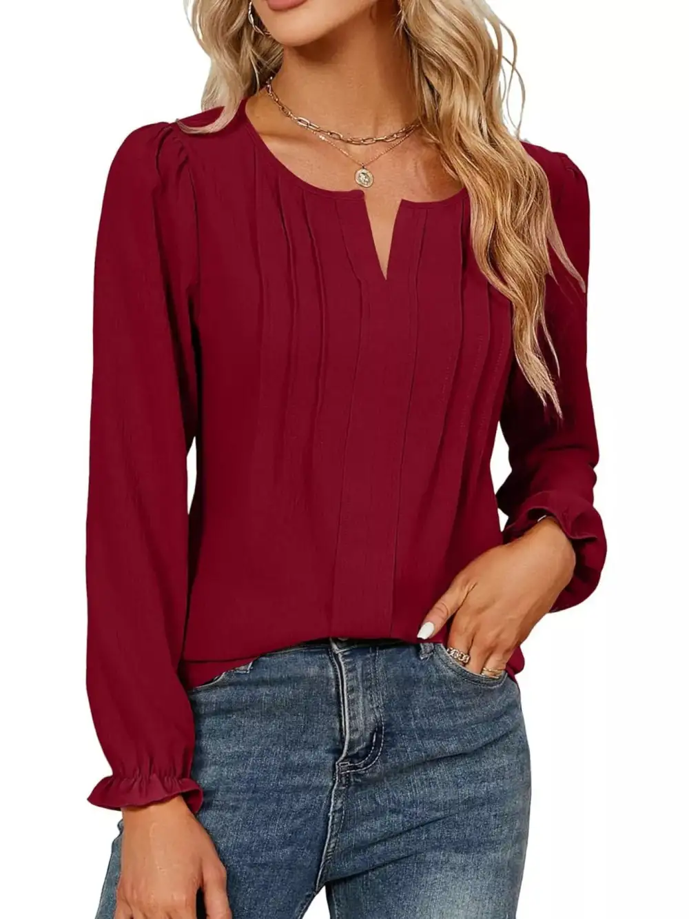 Notched-Neck Ruffle-Cuff Blouse