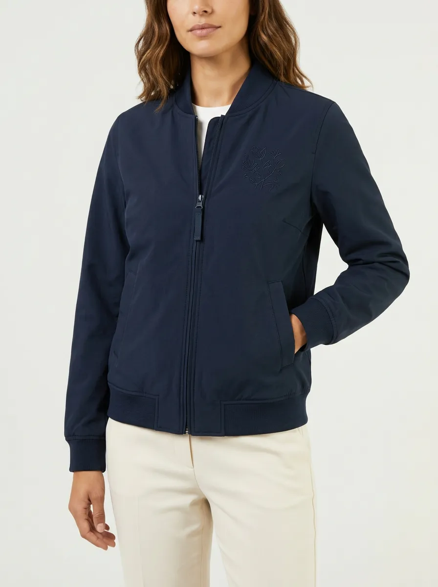 Women's Minimalist Floral Embroidery Navy Bomber Jacket