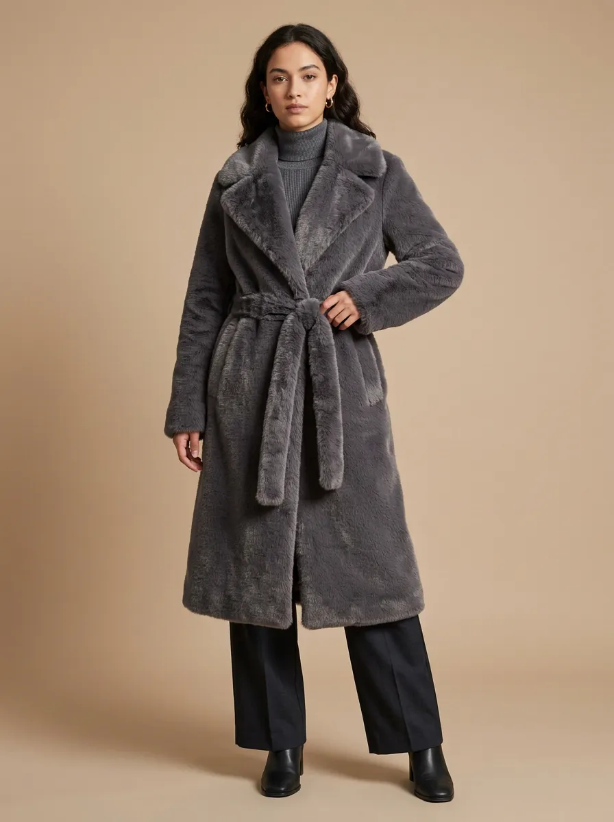 Charcoal Solid Faux Fur Belted Coat