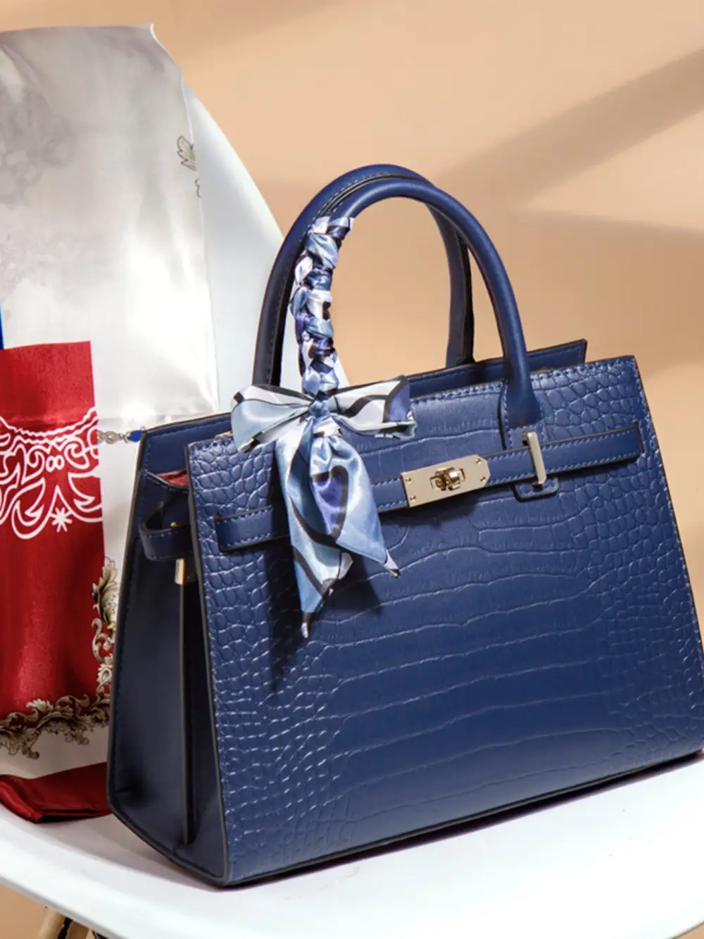 Crocodile Embossed Leather Top Handle Handbag