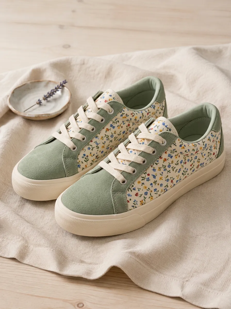 Women's Vintage Floral Sage Green Printed Sneakers