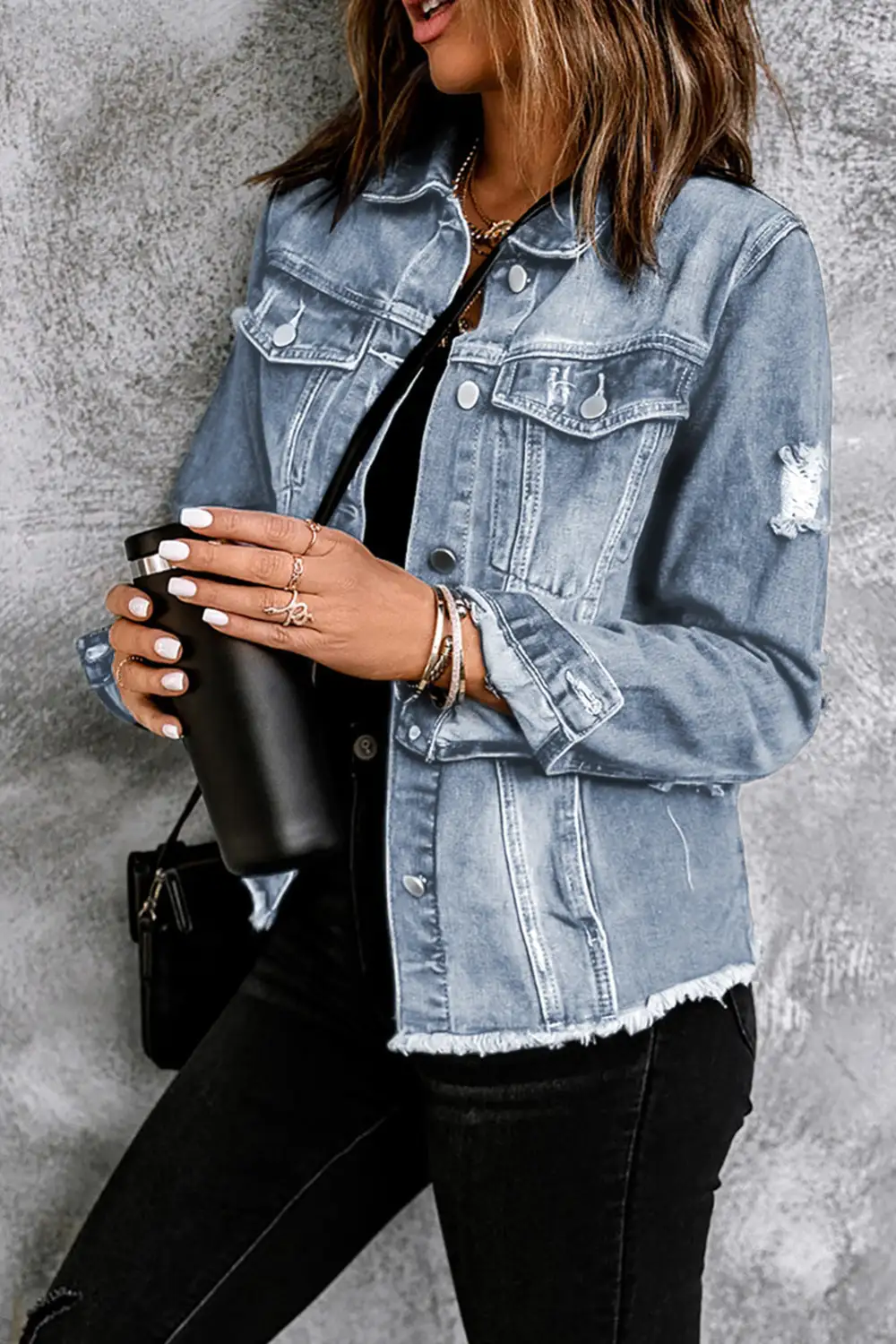 Women's Lapel Distressed Raw Hem Buttons Denim Jacket