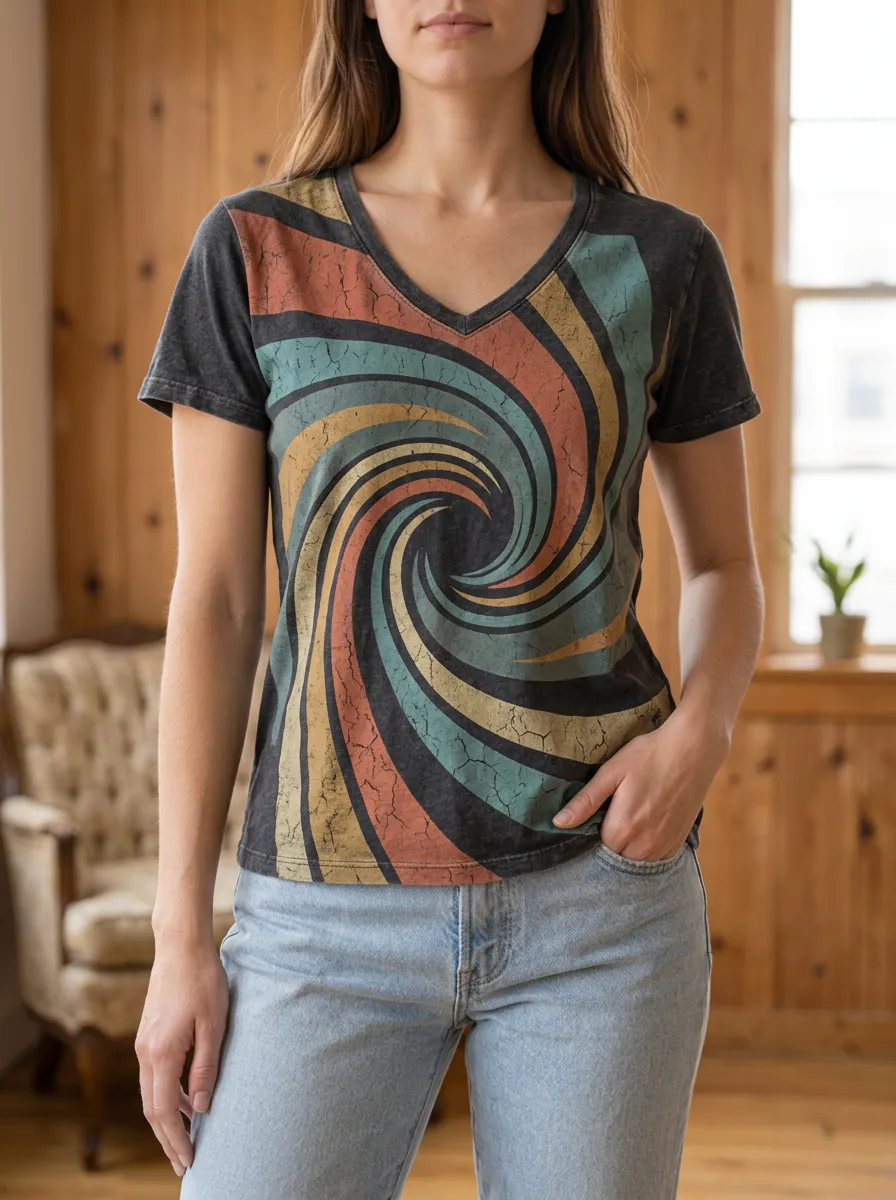 Women's Retro Spiral Pattern Distressed Printed V-neck T-shirt