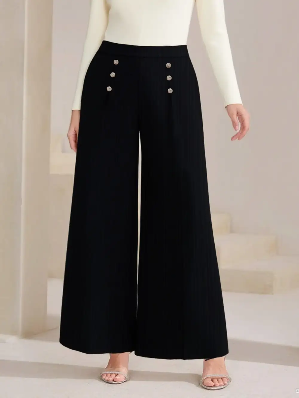 Plus Size High Waist Wide Leg Button Decor Pants