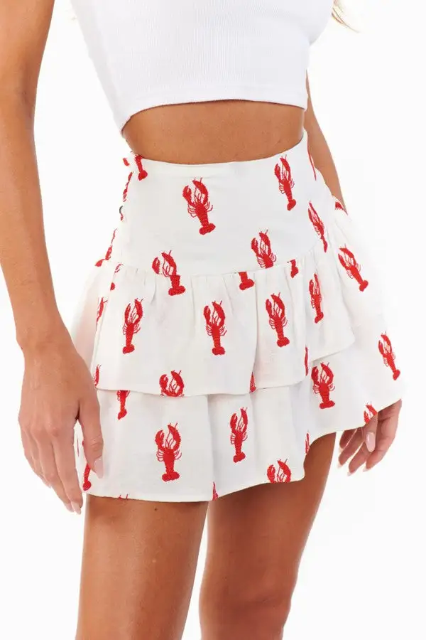 Red Lobster Embroidered White Mini Skirt