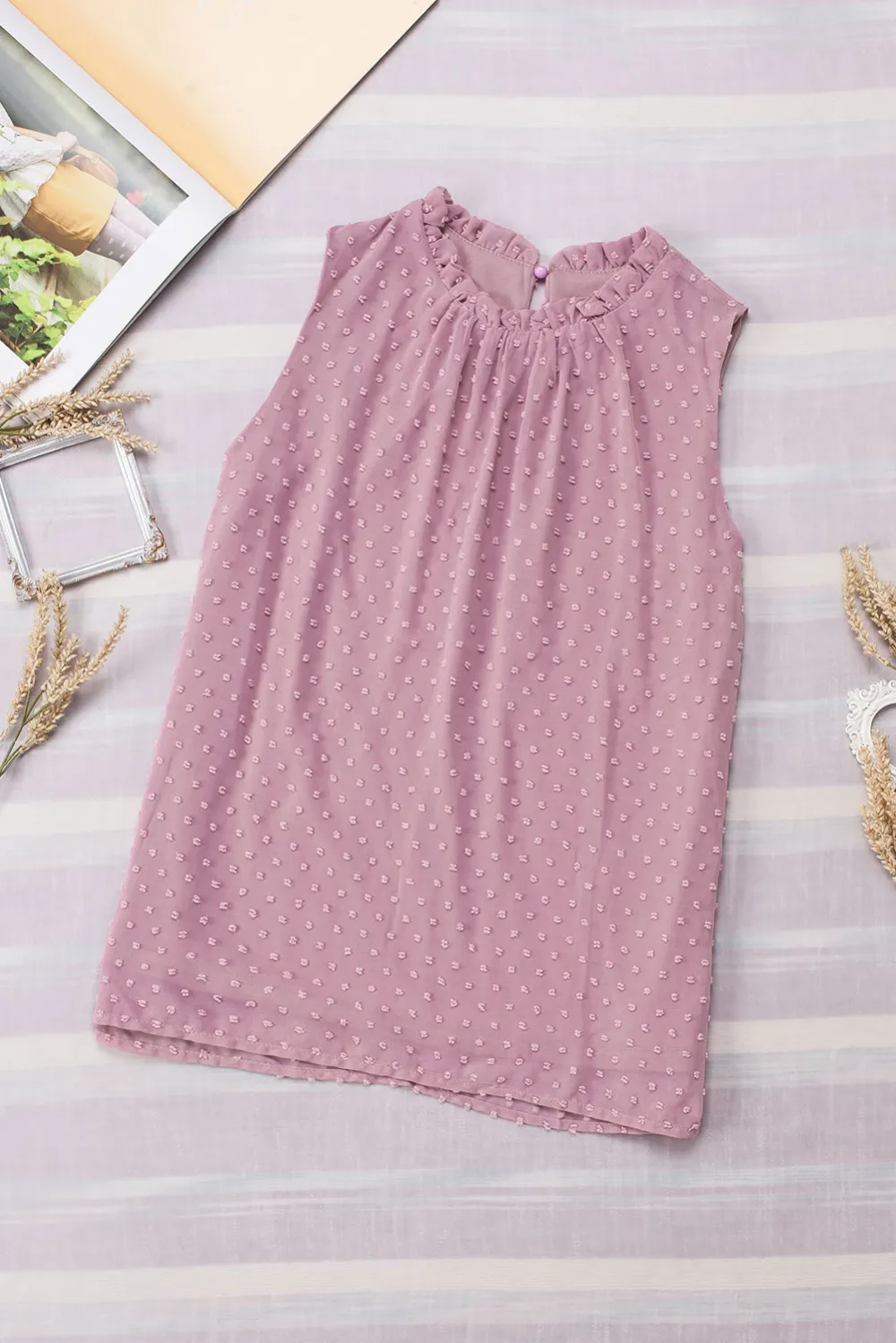 Pink Swiss Dot Sleeveless Ruffle Tank Top
