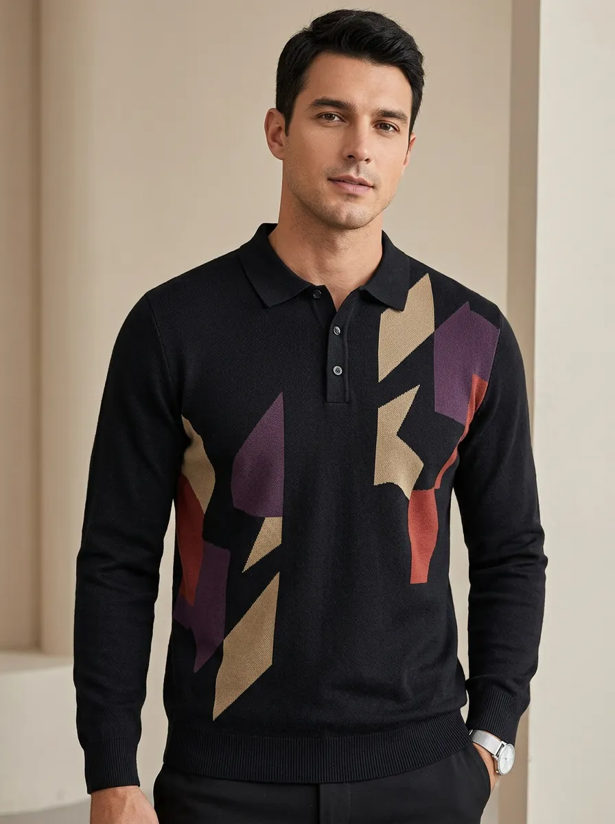 Men's Abstract Geometric Pattern Printed Long Sleeve Polo Shirt Modern Pattern