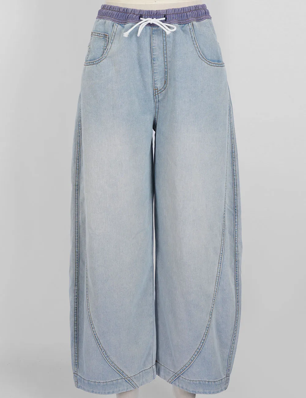 Color Block Drawstring Waist Barrel Leg Denim Pants