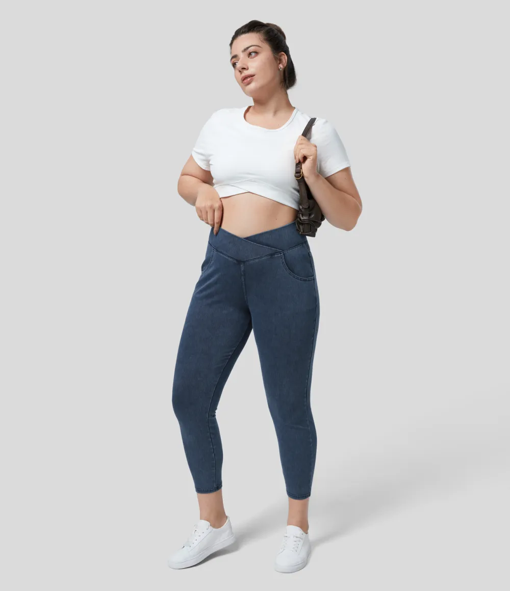 Magic High Waisted Crossover Multiple Pockets Stretchy Knit Denim 7/8 Plus Size Work Leggings