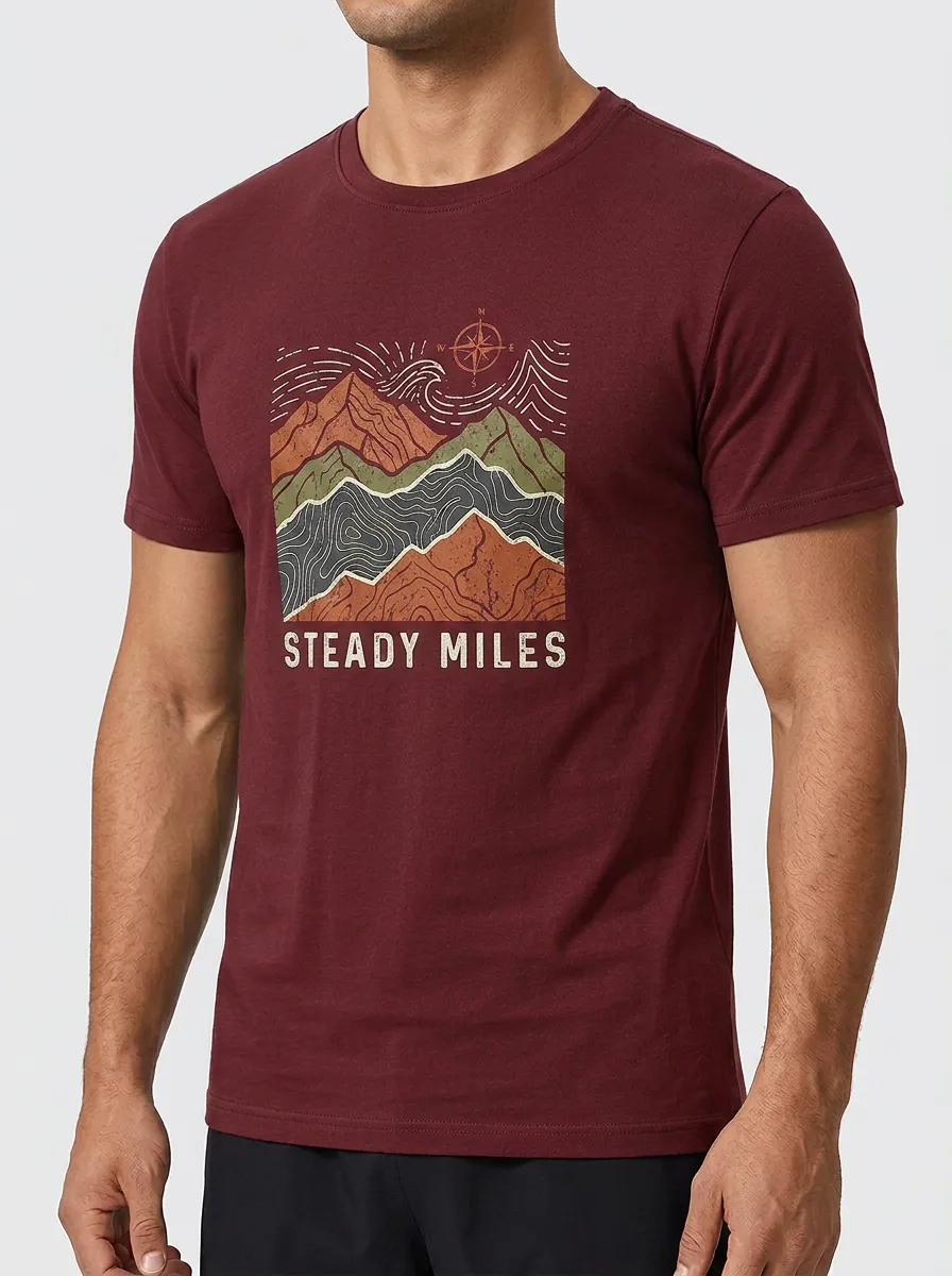 Men's Hiking Outdoor Lover Mountain Compass Printed T-shirt