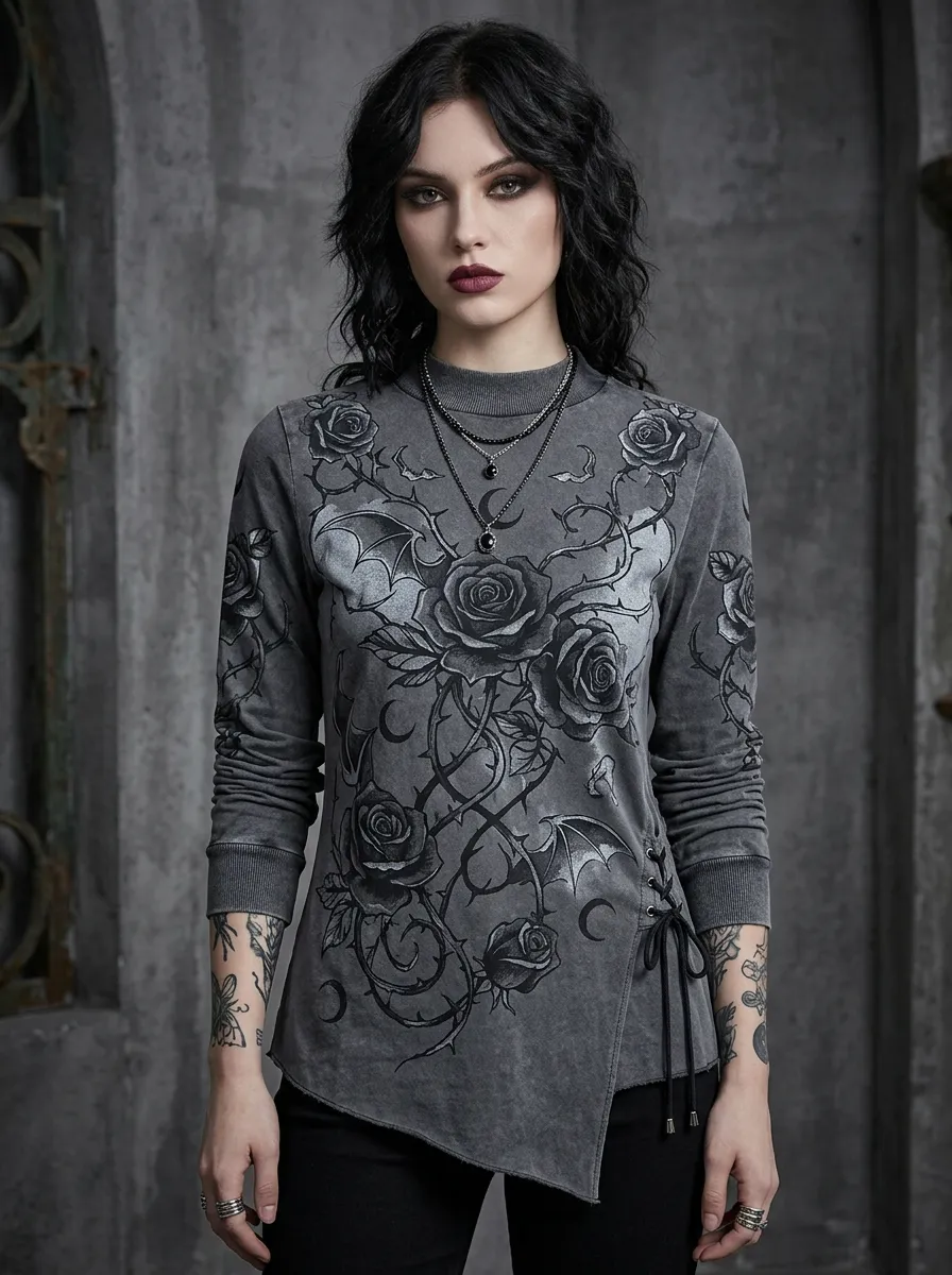 Underground Bat Rose Moon Silhouette Women's Gothic T-Shirt