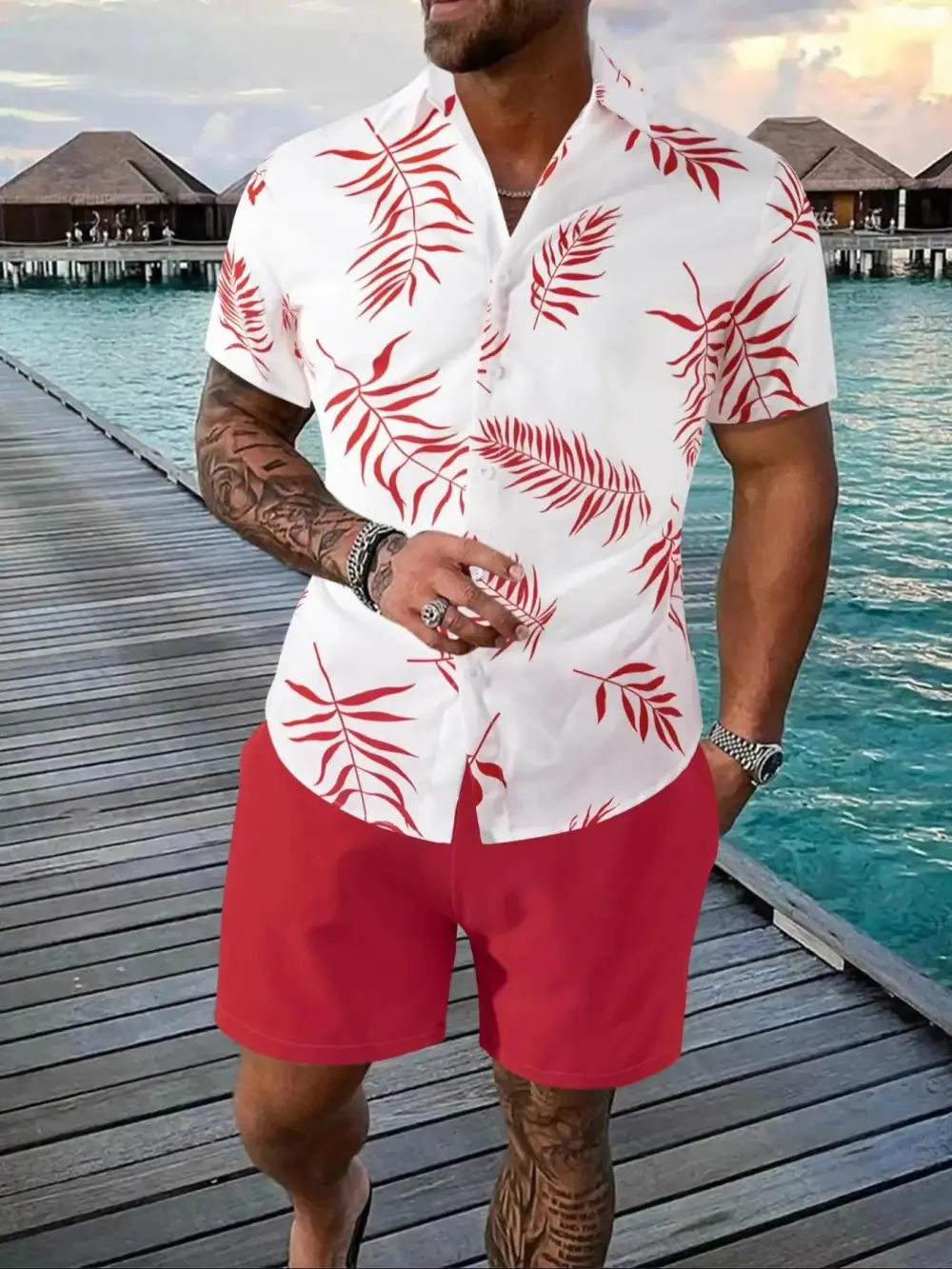 Men's Leaf Print Hawaiian Shirt & Drawstring Waist Short Set