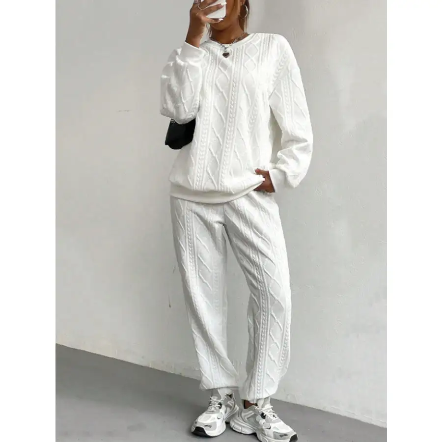 Relaxed Texture Round Neck Top and Pants Set