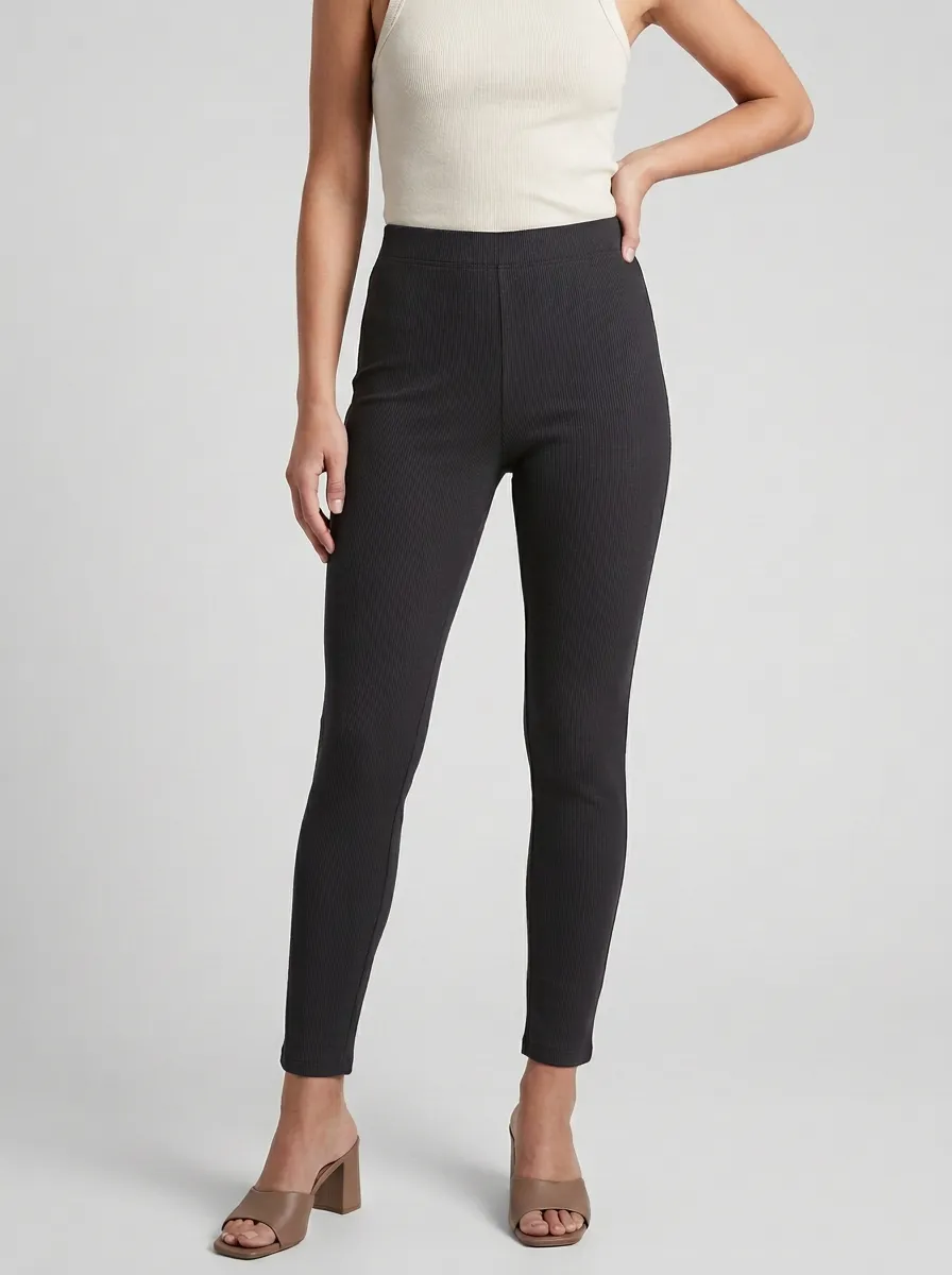 Stretch Ribbed Casual Women's Stretch Mid-Rise Pants
