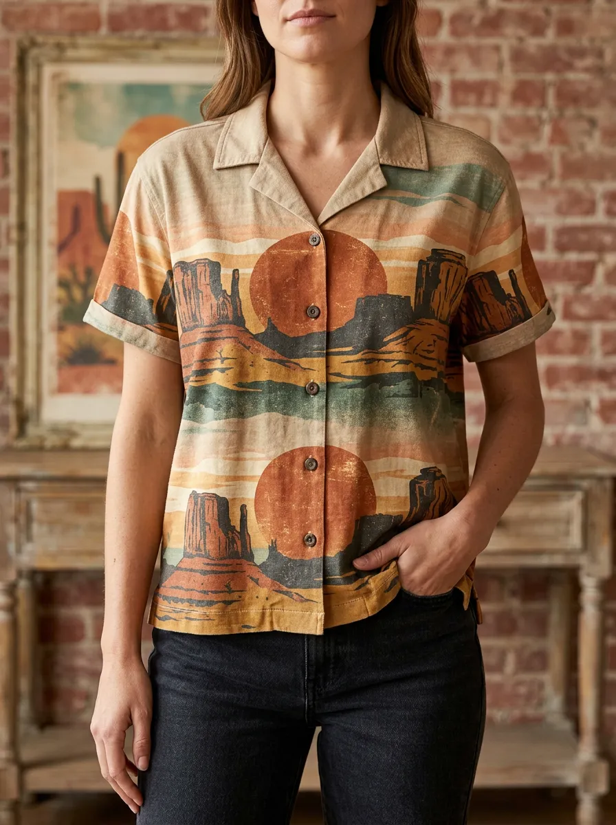 Women's Desert Landscape Sunset Printed Button-up Shirt