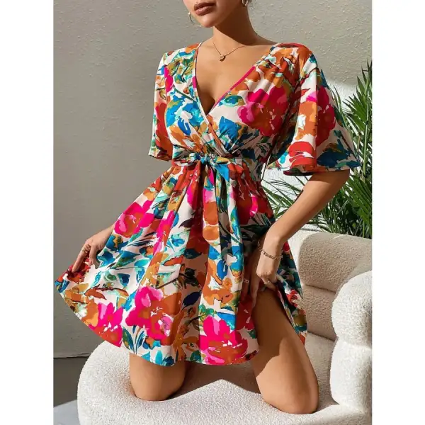 Surplice Short Sleeve Mini Dress