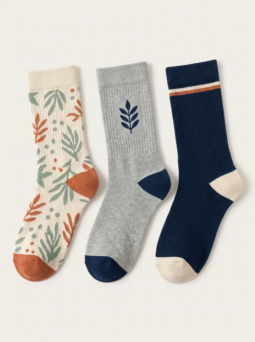 Botanical Striped Embroidered Detail 3-Pair Mid-Calf Athletic Socks