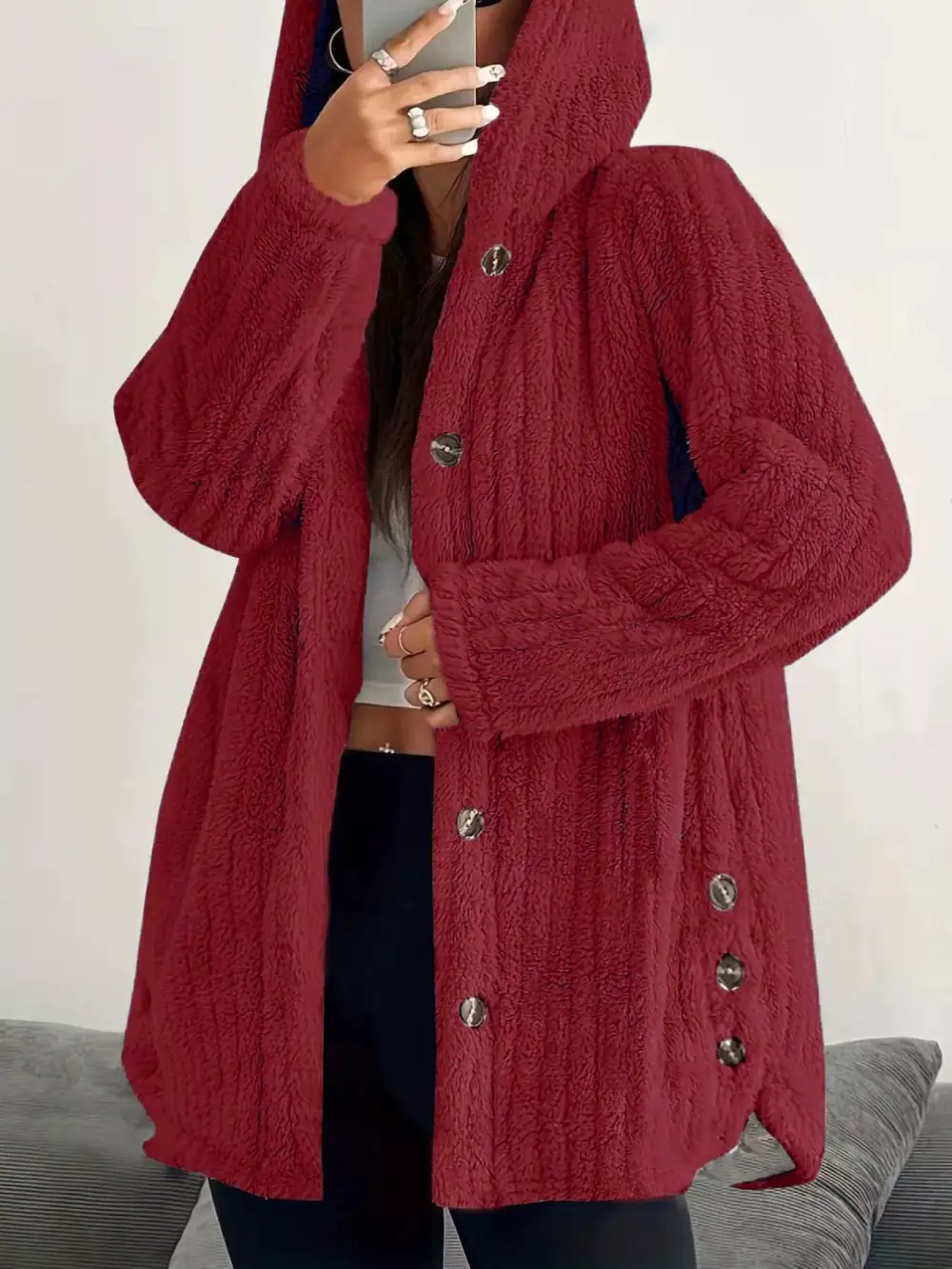 Full Size Fleece Button Up Hooded Outerwear Plus Size