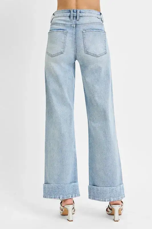 Soft High Waist Wide Leg Cuffed Denim Jeans