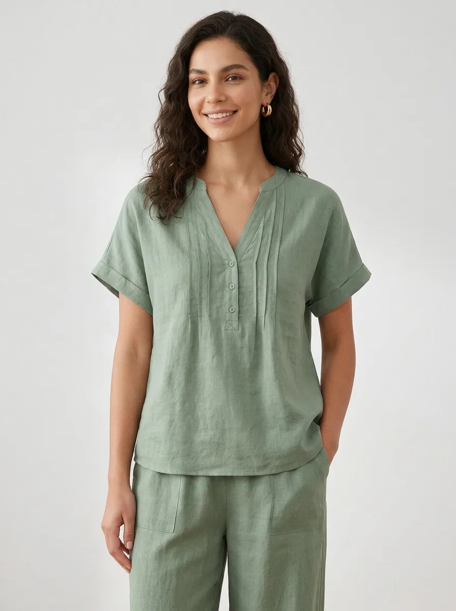 Short-Sleeve Pleated Button-Front Women's V-Neck Shirt