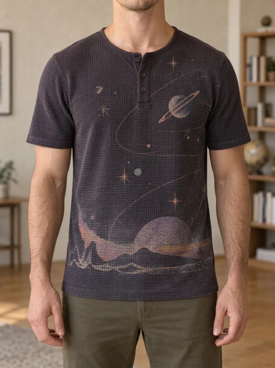Men's Artful Space Astronomy Planet Waffle Henley T-Shirt