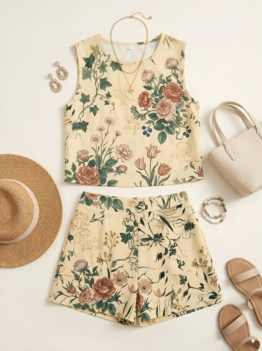 Women's Vintage Floral Botanical Printed Sleeveless Short Set