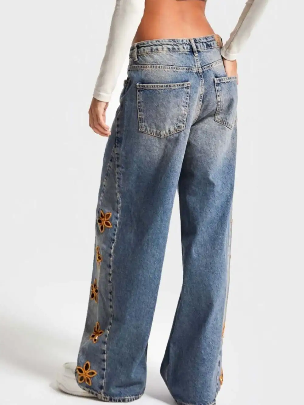 Denim Floral Print Wide Leg Distressed Jeans