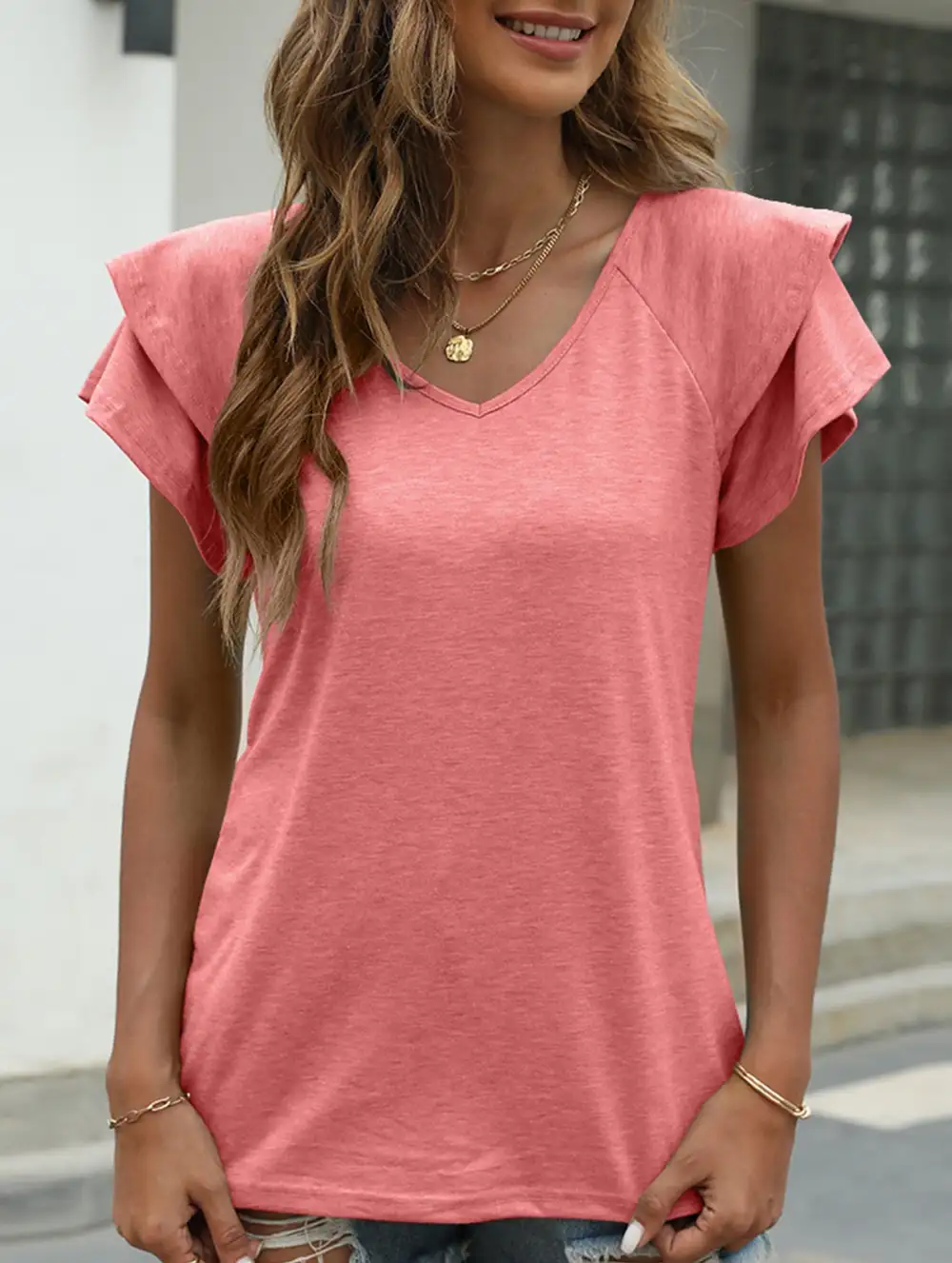 V Neck Double Layer Ruffle Sleeve Tank Top