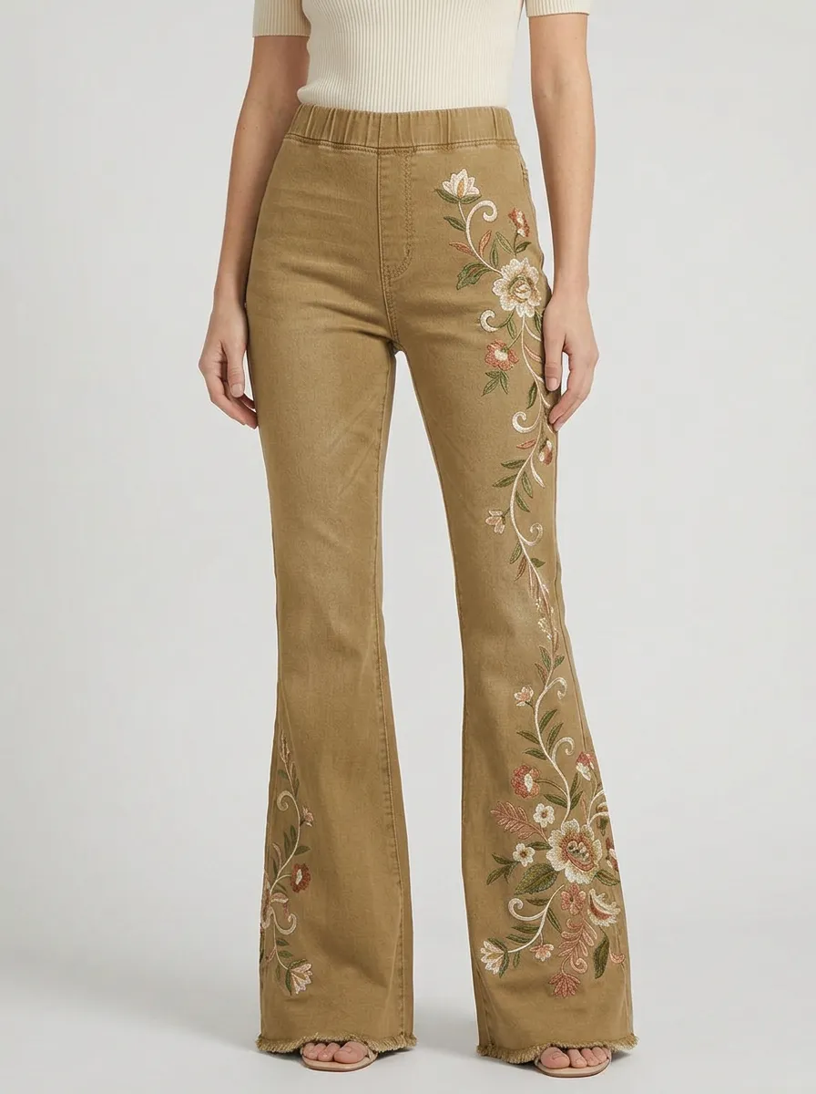 Women's Medium Wash Floral Embroidery Pull-On Flare Jeans