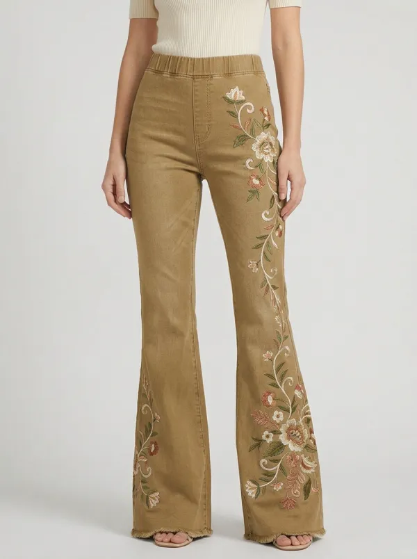 Women's Medium Wash Floral Embroidery Pull-On Flare Jeans