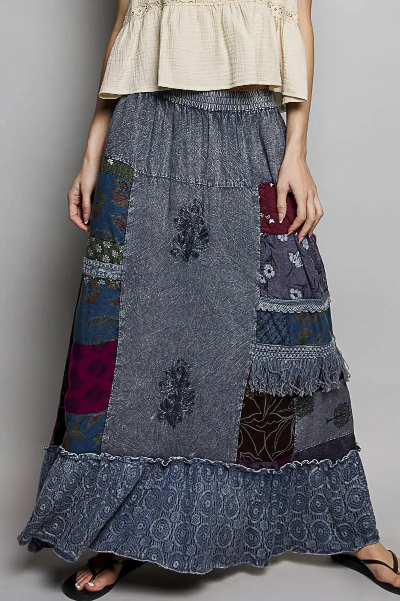 Flowing Printed Patchwork Embroidered Ruffled Skirt Maxi