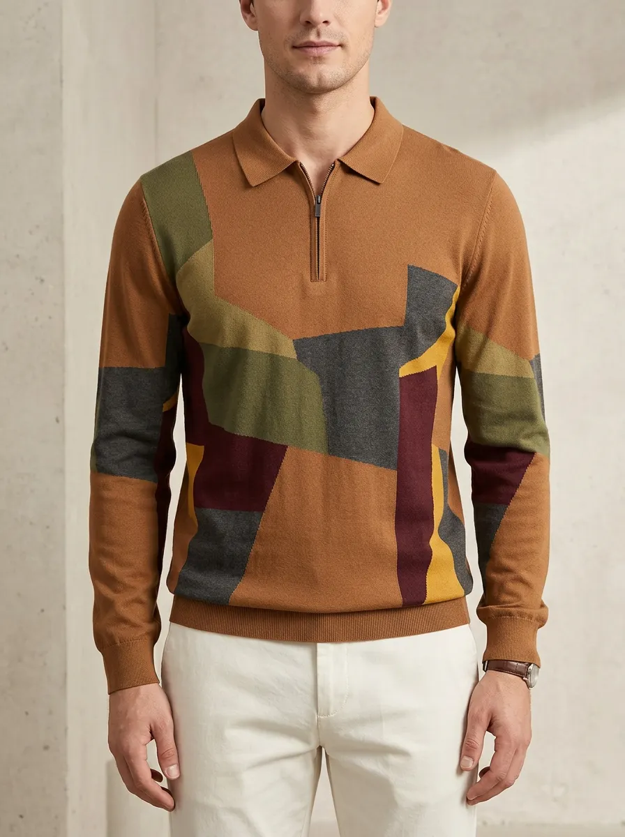 Men's Geometric Colorblock Pattern Zip-up Long Sleeve Polo Shirt