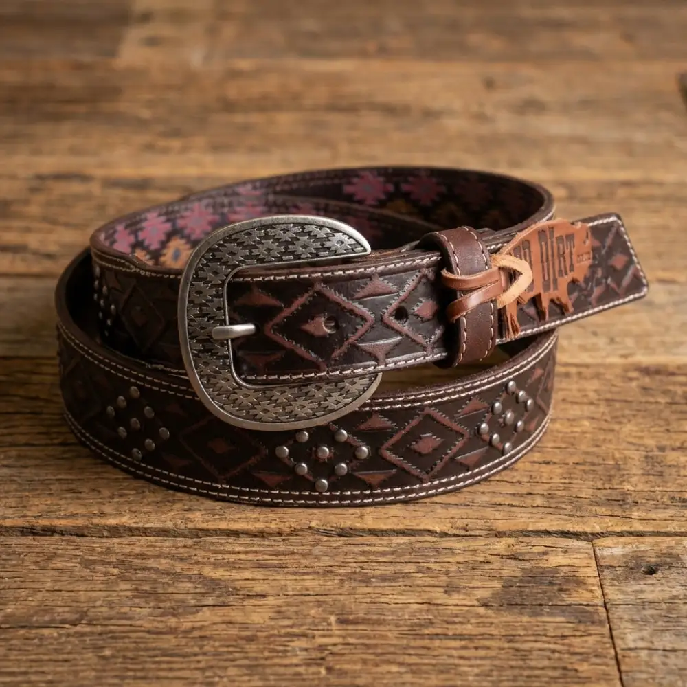 Southwestern Studded Tooled Genuine Leather Western Belt