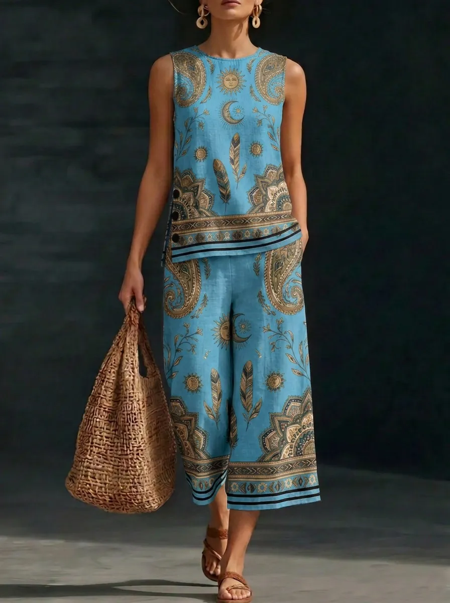 Women's Bohemian Sun Moon Feather Printed Sleeveless Set