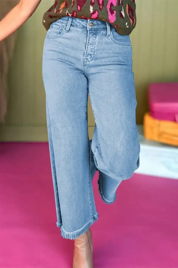 Pocketed High Waist Wide Leg Frayed Denim Jeans