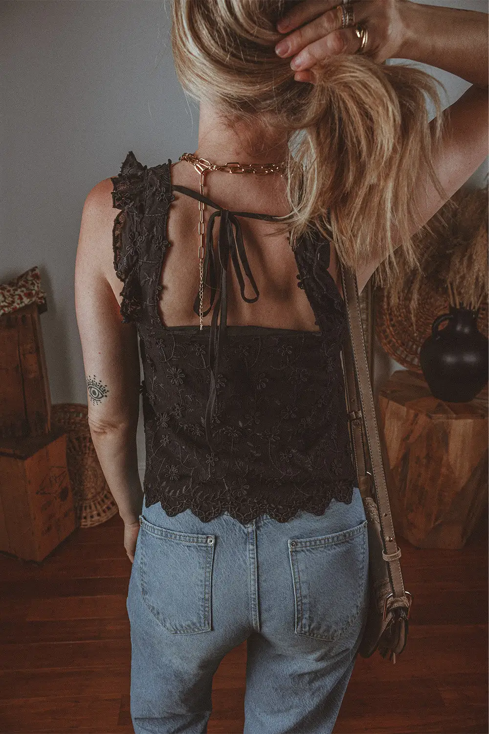 Square-Neck Button-Detail Embroidered Floral  Tank Top