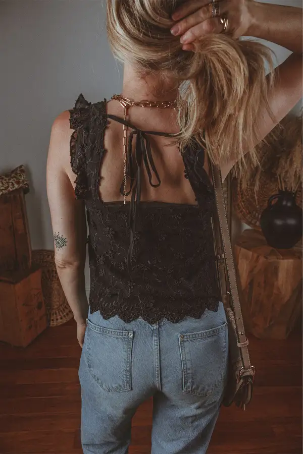 Square-Neck Button-Detail Embroidered Floral  Tank Top